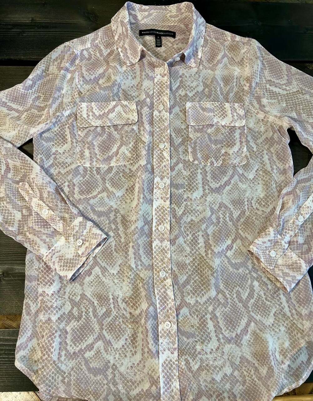 White House Black Market Long Sleeve Sheer Snake Print Button-Up Blouse